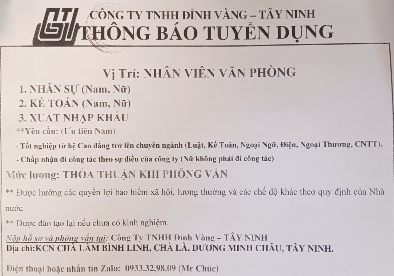CTY TNHH ĐỈNH VÀNG - TÂY NINH TUYỂN DỤNG